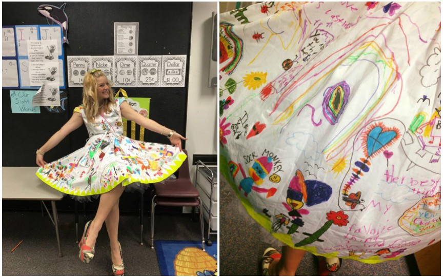 Elevii unei școli i-au pictat profesoarei cea mai originală rochie