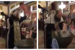 (VIDEO) Botez de groază: copilul este practic aruncat în cristelniță
